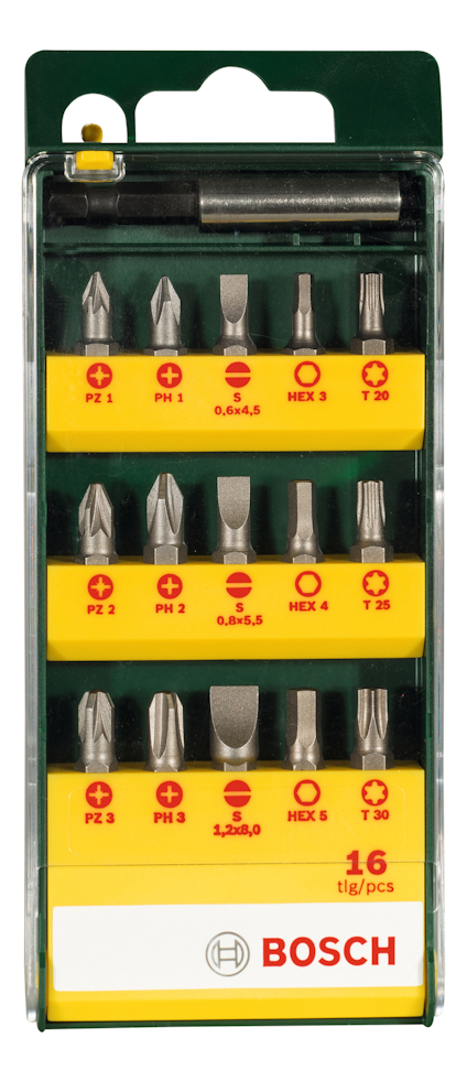 Förpackning med 16 Bosch bits; olika typer och storlekar av skruvbits med hållare.