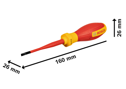 Isolerad skruvmejsel med röd och gul handtag, märkning "Bosch", längd 160 mm, bredd 26 mm.