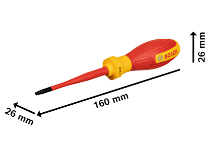 Skruvmejsel med isolerat handtag från Bosch; längd 160 mm, bredd 26 mm, höjd 26 mm.