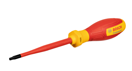 Isolerad skruvmejsel med rött och gult handtag, Bosch Professional-logga; blad märkt T20.
