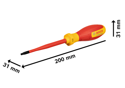 Röd och gul isolerad skruvmejsel med märkning 200 mm längd, 31 mm bredd och höjd. Bosch-logotyp synlig.
