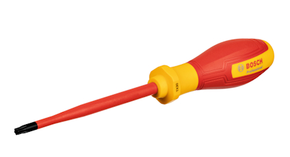 Isolerad skruvmejsel med rött handtag och gul hylsa, märkt "BOSCH Professional".