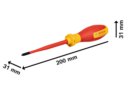 Skruvmejsel med röd och gul plastgrepp, märkt "Bosch Professional", längd 200 mm, bredd 31 mm, höjd 31 mm.