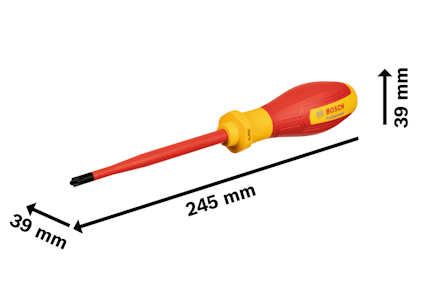 Skruvmejsel med röd och gul handtag, längd 245 mm, bredd 39 mm, märkt "BOSCH".