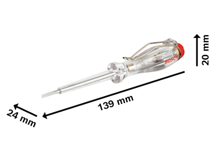 Transparent spänningsprovare med en fickklämma. Text: "BOSCH". Mått: 139 mm, 24 mm, 20 mm.