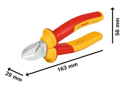 Avbitartång med röda och gula handtag, märkta "BOSCH". Mått: 163 mm längd, 56 mm höjd, 29 mm bredd.