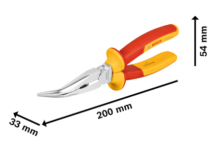 Röd-gul böjd plattång med Bosch-logotyp. Mått: 200 mm, 33 mm, 54 mm.