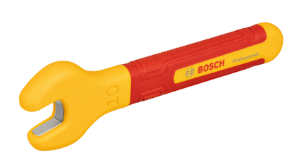 Gul och röd skiftnyckel, Bosch-logga, numret 10 syns på huvudet.