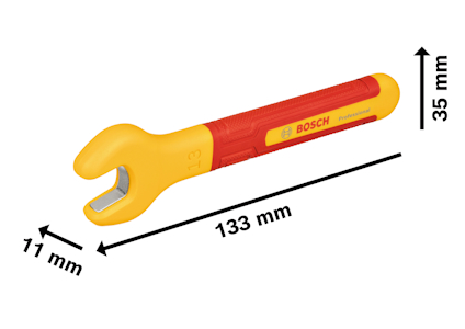 Gul och röd Bosch-skiftnyckel, längd 133 mm, bredd 11 mm, höjd 35 mm.
