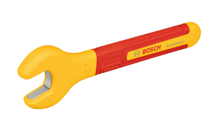 Gul skiftnyckel med rött handtag, Bosch-logotyp och texten "professional".