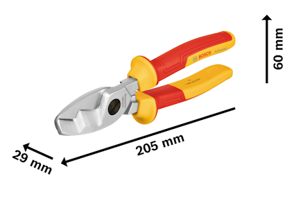 Tång med röd och gul isolerad handtag, märkt "Bosch". Dimensioner: 205 mm lång, 60 mm hög, 29 mm bred.