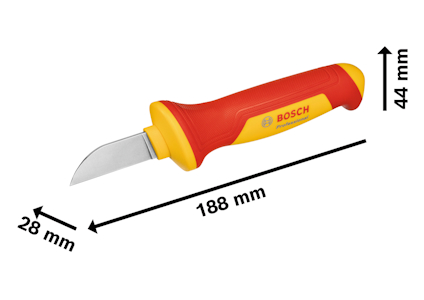 Kniv med röd och gul handtag, blad 28 mm, längd 188 mm, höjd 44 mm. Bosch logotyp på handtaget.