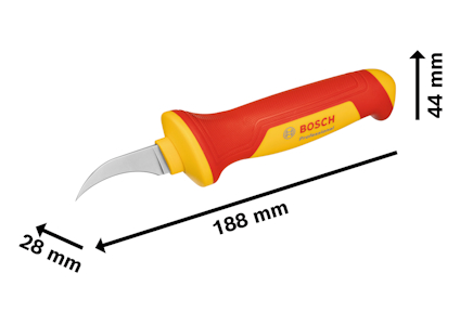 Rött och gult knivhandtag med krökt blad. Text: "Bosch Professional". Mått: 188 mm lång, 44 mm hög, 28 mm bred.