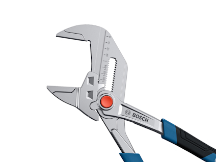 Skiftnyckel i metall med Bosch-logotyp och justerbart huvud.
