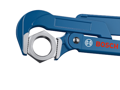 Ställbar skiftnyckel med blått handtag och Bosch-logotyp.
