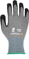 Arbetshandske med grå textil, svarta greppytor och text "TEGERA MODEL 8844".