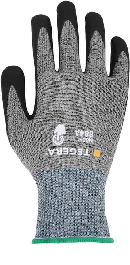 Arbetshandske med grå textil, svarta greppytor och text "TEGERA MODEL 8844".