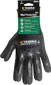 Syntetdopplad handske med texten "TEGERA INFINITY" och etikett som beskriver funktioner som "Wet Protection" och "Precision work".