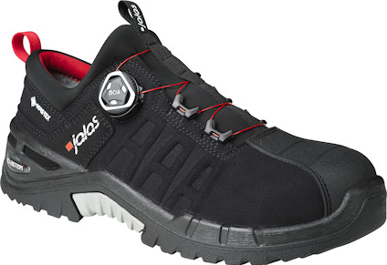 Svart skyddssko med BOA-snörning, röda och grå detaljer samt kraftig sula. Text: "jolas", "GORETEX" och "CORDURA".