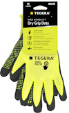 Gul och svart handske med tryck på förpackningen: "HIGH VISIBILITY, Dry Grip Dots, Touch screen, Precision work".