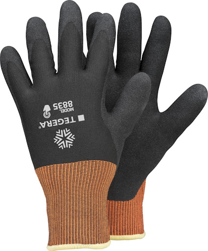 Svarta arbetshandskar med orangea muddar, märkta "TEGERA" och "MODEL 8835".