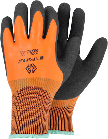 Två orange och svarta skyddshandskar med text "MODEL 8833" och "TEGERA", samt snöflingesymbol på handleden.