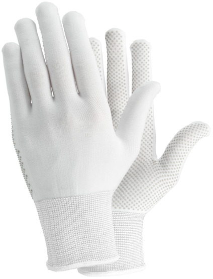 Vita textilhandskar med prickmönster på handflatan och elastisk mudd.