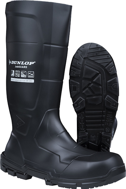 Svart skyddsstövel märkt "Dunlop" med tjock sula och grovt mönster på undersidan.