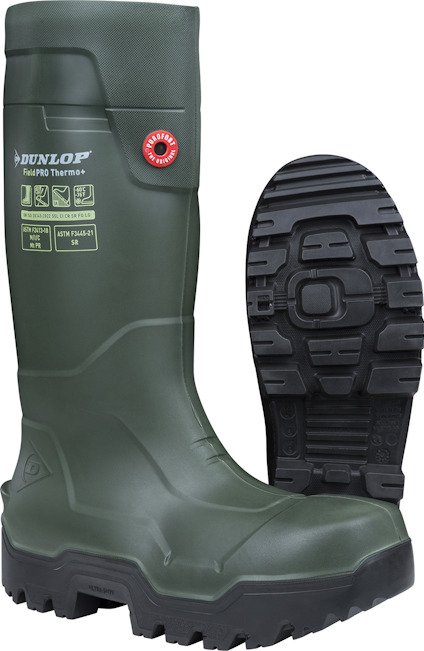Grön skyddsstövel med text "Dunlop Purofort Pro Thermo+" och en kraftigt mönstrad sula.