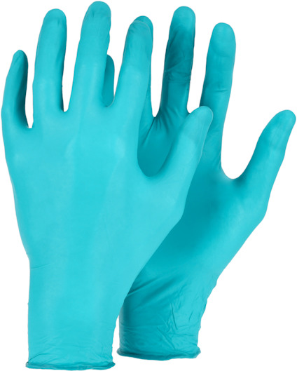 Två blågröna engångshandskar av latex, liggande mot en vit bakgrund.