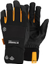Svarta handskar med orange foder och vintersymbol. Text: "TEGERA PRO", "WATERPROOF". Justerbar rem vid handleden.
