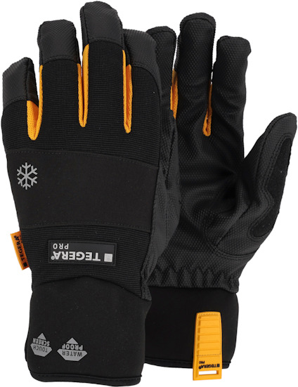 Svarta handskar med orange foder och vintersymbol. Text: "TEGERA PRO", "WATERPROOF". Justerbar rem vid handleden.