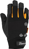 Svart och orange handske med text "Tegera Pro". Symbol för snöflinga och touch screen-kompatibilitet.