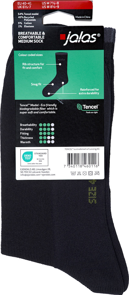 Svart strumpa med text: "Jalas, Tencel modal, Reinforced toe," och produktinformation i vita etiketter upptill.