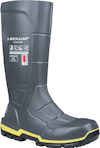 Dunlop Meg4NR säkerhetsstövel i grått och gult med ikoner och text: "EN ISO 20345:2011 S5 CI SRC".