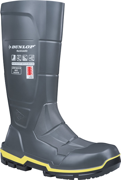 Dunlop Meg4NR säkerhetsstövel i grått och gult med ikoner och text: "EN ISO 20345:2011 S5 CI SRC".