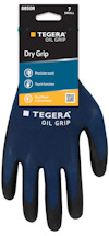 Handske med blå ovansida och svarta fingertoppar, etikett med texten "Tegera Oil Grip" och egenskaper som precision och touchfunktion.