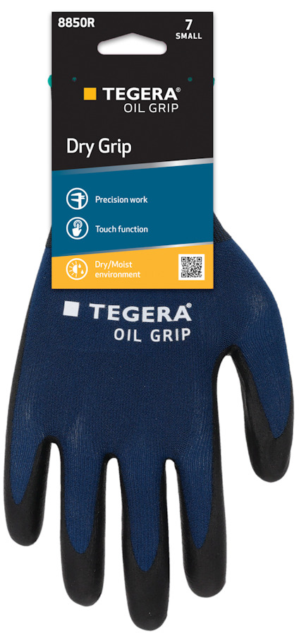 Handske med blå ovansida och svarta fingertoppar, etikett med texten "Tegera Oil Grip" och egenskaper som precision och touchfunktion.