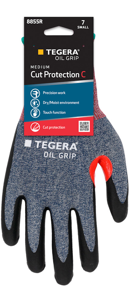 Arbetshandske med grå och svart beläggning, röd insida. Märkt "Tegera Oil Grip" och "Cut Protection C" på etiketten.