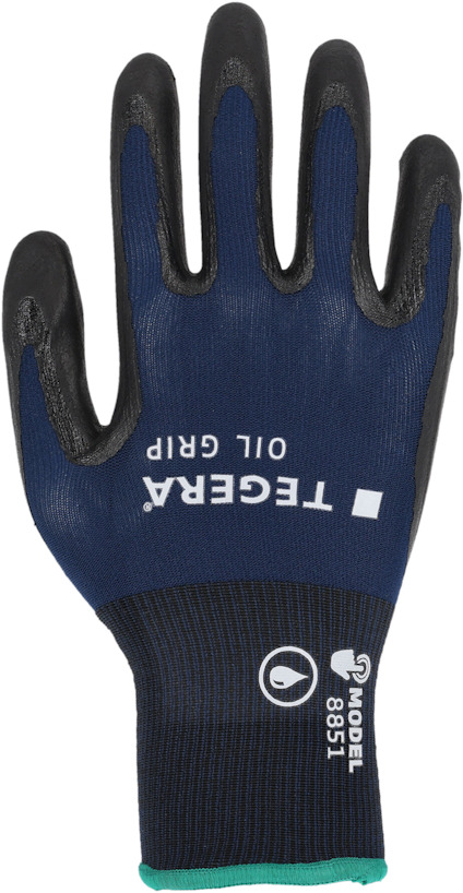 En handske med texten "TEGERA OIL GRIP" och "MODEL 8851". Blå och svart färg med nummer 6.