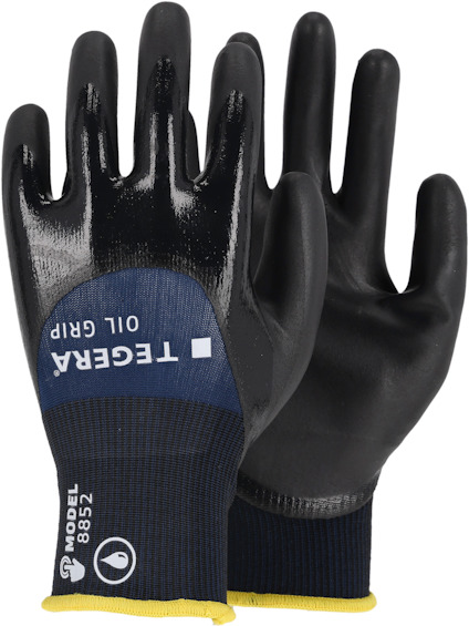 Arbetshandskar i svart syntetmaterial med blå textil på ovansidan och text "TEGERA" och "MODEL 8852".