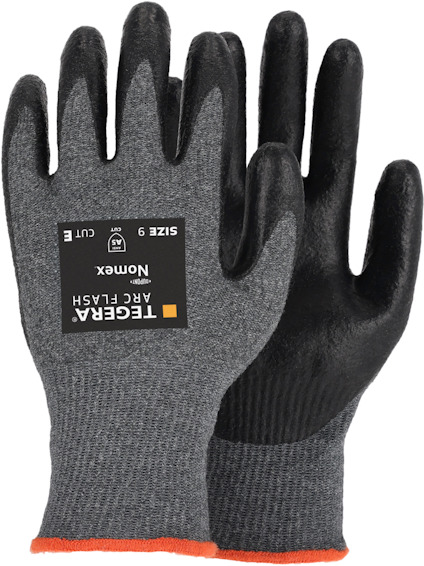 Grå och svart handske med text: "TEGERA ARC FLASH", storlek 9, med orange kant vid handleden.