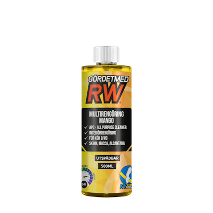Flaska med etikett "Gördetmed RW Multirengöring Mango, 500ml, Utspädbar" och flera användningsområden listade.