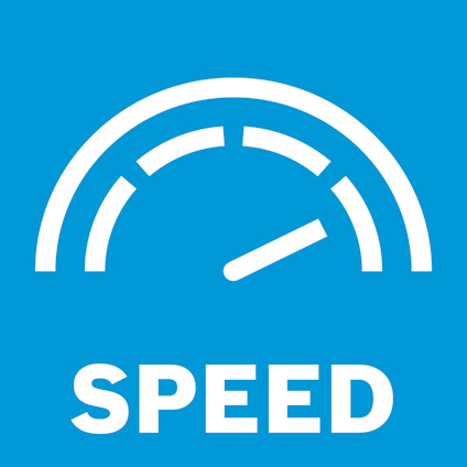 En vit hastighetsmätarsymbol och texten "SPEED" mot en blå bakgrund.