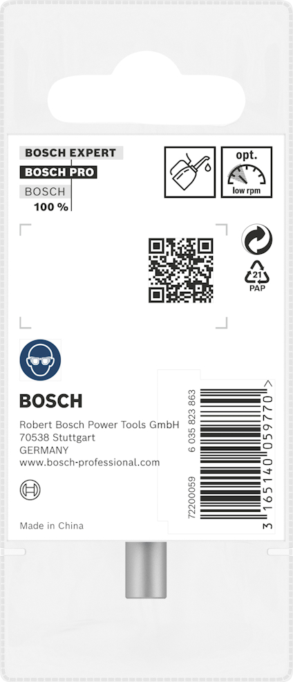 Förpackning med streckkod, QR-kod och text relaterad till Bosch Power Tools, produkten tillverkad i Kina.