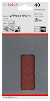 Förpackning av Bosch slippapper, expert Wood+Paint, kornstorlek 40, 93 x 186 mm.