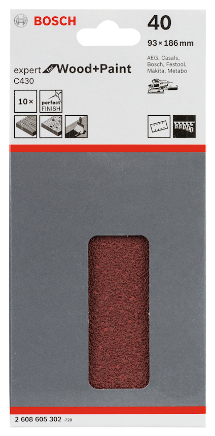Förpackning av Bosch slippapper, expert Wood+Paint, kornstorlek 40, 93 x 186 mm.