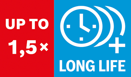 Röd och blå grafisk design med texten "UP TO 1,5× LONG LIFE" och en klockikon.