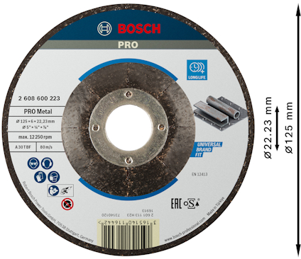Kapskiva från Bosch, PRO Metal, med dimensioner ⌀125 mm x 22,23 mm, 12250 rpm max, för metallskärning.