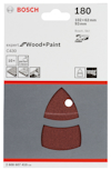 Slippapper Bosch Wood+Paint, 180 korn, 10-pack, triangulär form, 102x62mm och 93mm storlek.